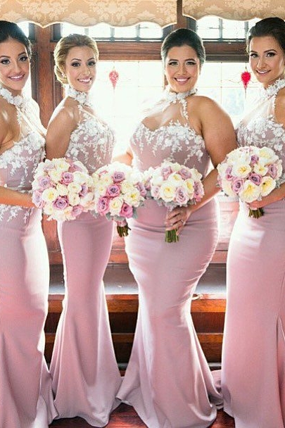 High Neck Mermaid Satin Bridesmaid Dresses with Handmade Flowers Maid of Honor Dresses