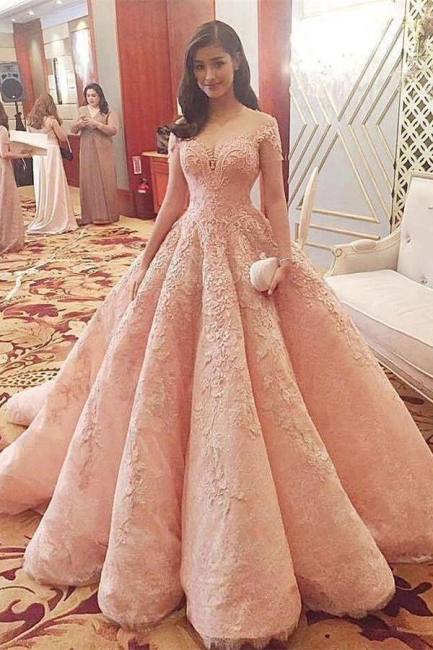 Chic Sequins Off-the-Shoulder Applique Prom Dresses Ball Gown Cap Sleeves Sexy Evening Dresses