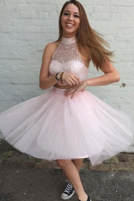 Beaded Chic Neck Pink Two-Piece High Homecoming Dresses