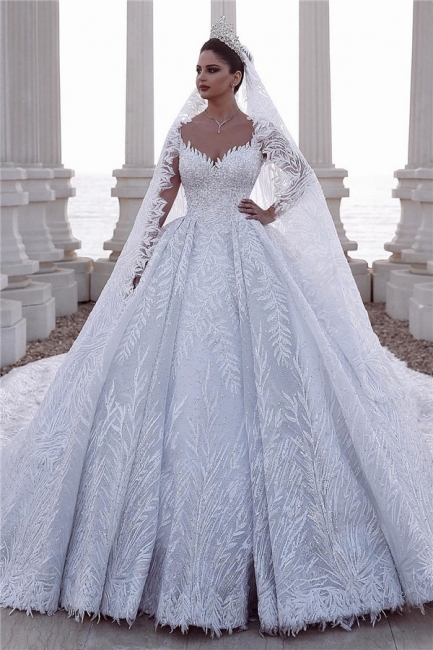 Gorgeous V Neck Long Sleeve Ball Gown Beading Applique Wedding Dresses