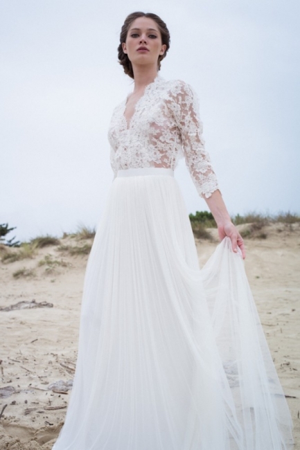 Modern Lace V neck 3 4 sleeves Simple A line Wedding Dresses