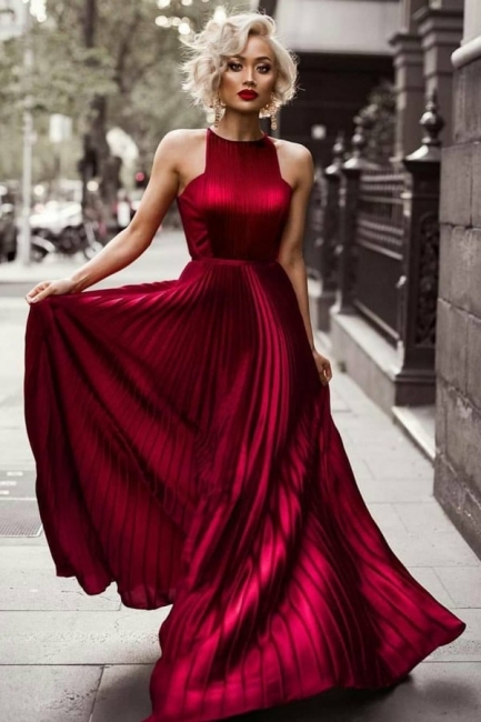 Sheath Burgundy Sleeveless Floor Jewel Dresses Length Pleats Prom Evening Dresses