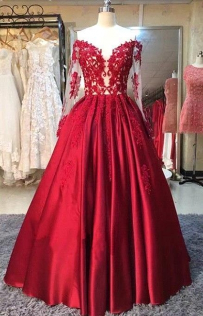 Red Lace Off the Shoulder Puffy Prom Dresses 2018 Appliques Long Sleeves Evening Gowns Babyonlinedress UK