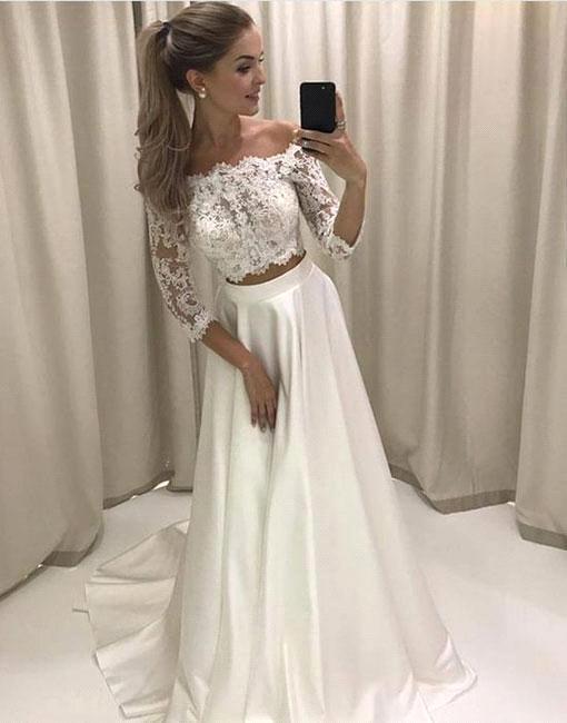 Two-pieces Sweep-train Off-the-shoulder Lace White Wedding Dress