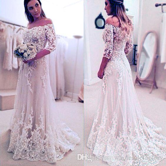 Elegant Lace Appliques A-line Sleeves Off-the-Shoulder Wedding Dresses