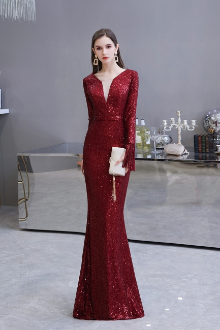 V-neck Long Sleeves Form-fitting Floor Length Burgundy Sequin Prom Dresses