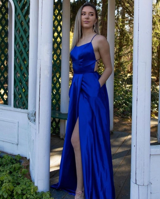 Elegant Royal Blue Spaghetti Straps A Line Prom Dress With Side Slit Pockets