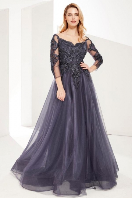 Classy Long Sleeves Sweetheart Lace Tulle A-Line Floor-length Ruffles Prom Dress