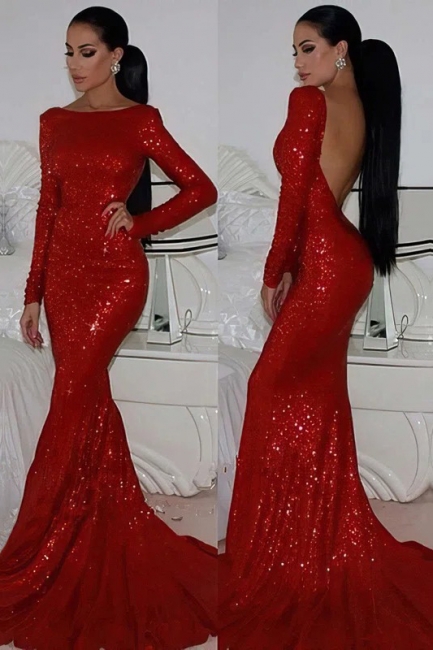 Stunning Bateau Sequins Long Sleeves Open Back Mermaid Prom Dress