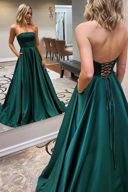 A-Line Strapless Backless Satin Floor-length Ruffles Prom Dress With Pockets