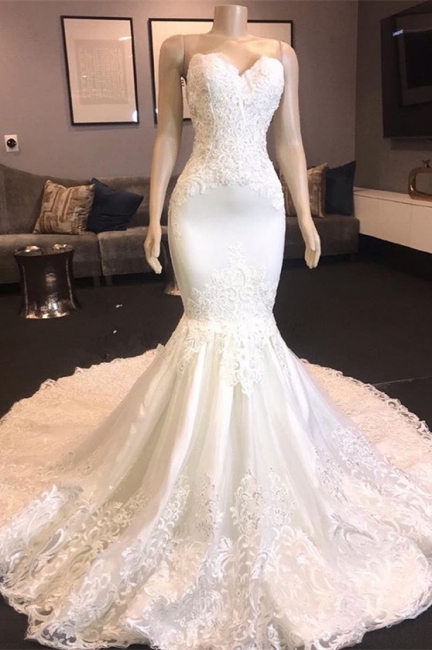 Sweetheart Lace Mermaid Wedding Dresses | Strapless Fit and Flare Bridal Gowns