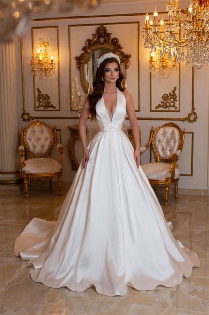 Graceful Halter A-Line Chapel Train Satin Sleeveless Wedding Dress