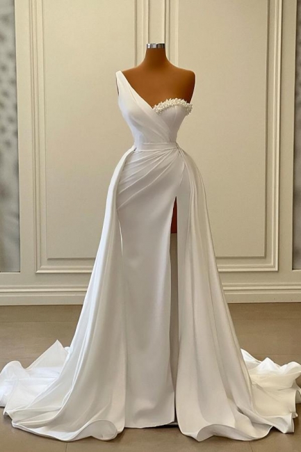 Unique White color One Shoulder Mermaid Evening Dress with Half Train