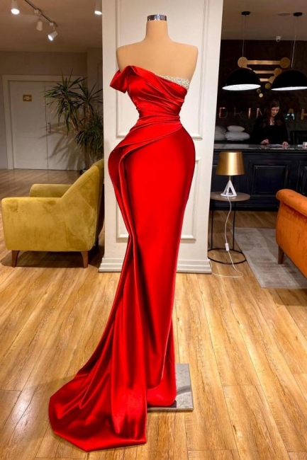 Sexy Red color One Shoulder Mermaid Floor-length Evening Dress