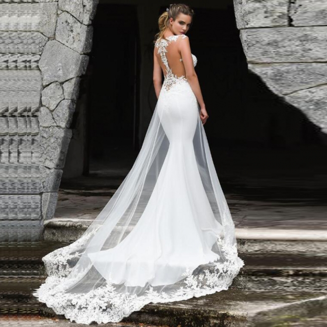 Elegant Straps Jewel Applique Crystal Fit And Flare Mermaid Wedding Dresses With Detachable Train