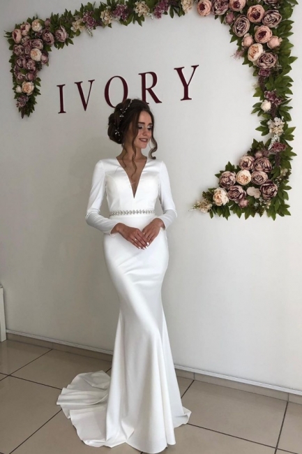 Graceful Deep V Neck Long Sleeve Open Back Crystal Fit And Flare Mermaid Wedding Dresses With Sash