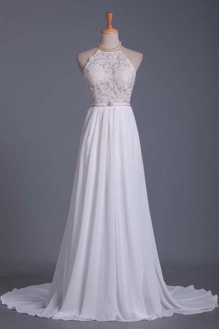 Elegant A-Line Halter Backless Appliques Lace Beading Chiffon Wedding Dress