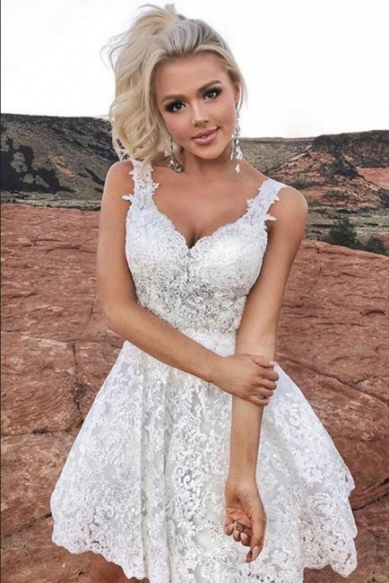 Simple White Appliques Lace Short Party Dress V-neck A-Line Prom