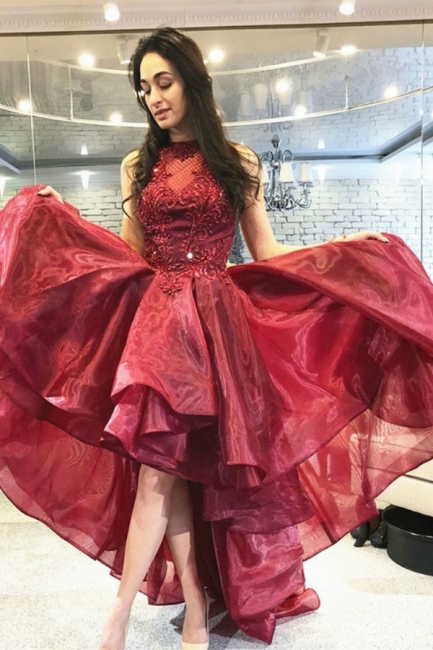 Beautiful Bateau Tulle Appliques lace High Low Prom Dress Ruffles Party Dress