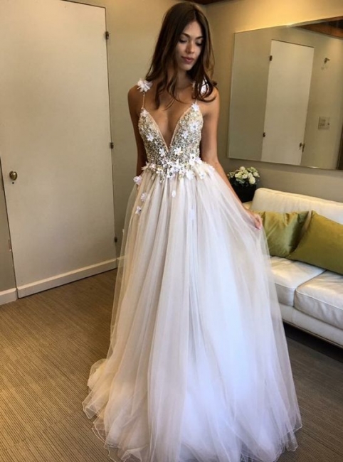 Sexy A-line Wedding Dresses | Spaghettis Straps Flowers Bridal Gowns