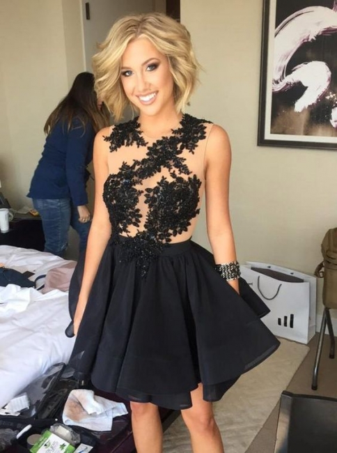 Black Sleeveless A-Line Short Appliques Homecoming Dresses