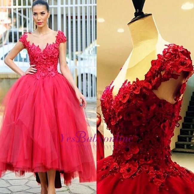 Ball-Gown Hi-lo Cap-Sleeves Flowers Prom Dress Tired Pearls Evening Gowns