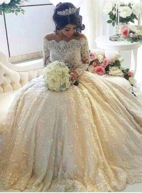 Glamorous Lace Off-the-Shoulder Wedding Dresses Long Sleeves with Long Train