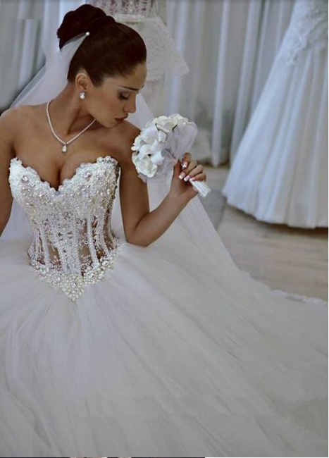 Princess Sweetheart Wedding Dresses Sheer Luxury Beading Tulle A-line Ball Wedding Gowns