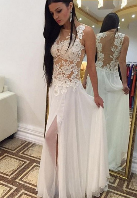 White Long Lace Chiffon Prom Dresses Beadings Appliques