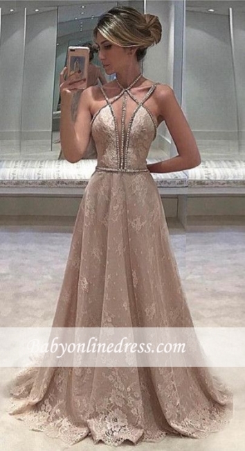 Lace Sexy Long Beaded Straps Sleeveless Open-Back Evening Dress 2018