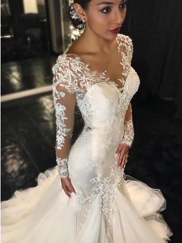 Mermaid Wedding Dresses with Long Sleeves Lace Beaded Sheer Back Bridal Gowns