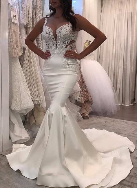 Sexy Straps Mermaid Wedding Dresses | Sleeveless Lace Appliques Bridal Gowns