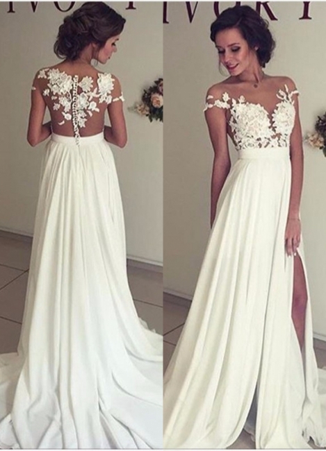 Summer Chiffon  Lace Top Short Sleeves Side Slit Wedding Dresses