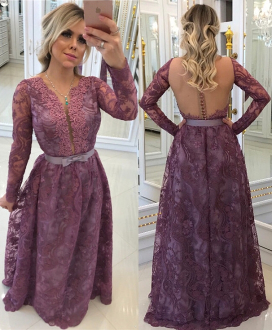 Glamorous A-Line Buttons Long-Sleeves Lace Evening Dresses