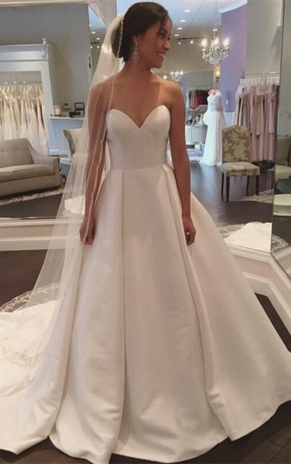 Sleeveless Sweep-Train White Sweetheart Simple A-line Wedding Dress