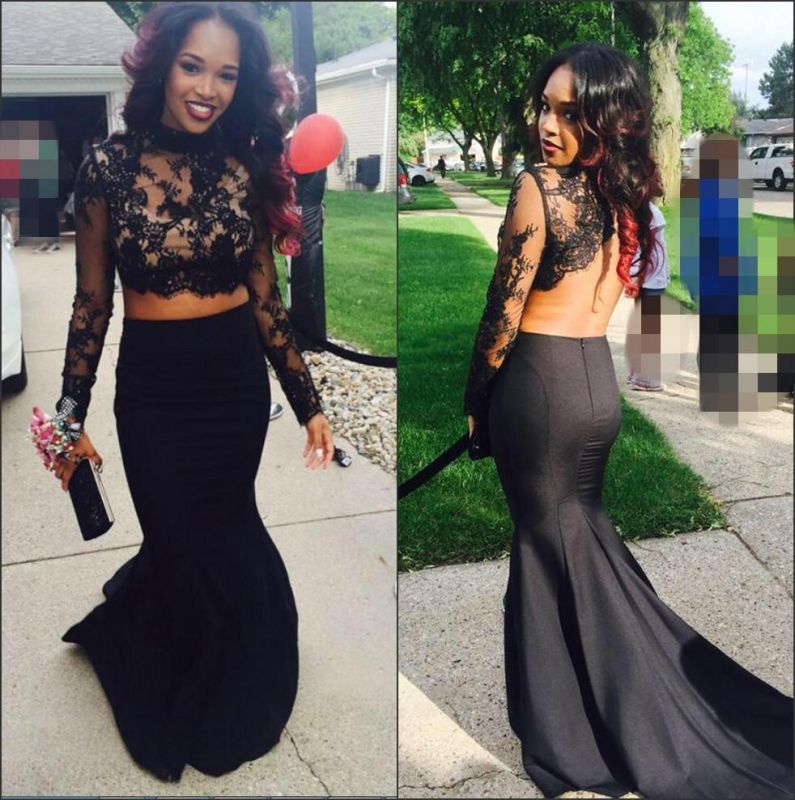 Two Piece Prom Dresses Black High Neck Long Sleeves Lace Top Mermaid Sexy Evening Gowns Babyonlinedress UK