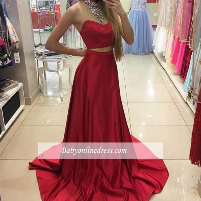 Halter Neck Crystals Red Long Eveing Gowns 2018 Sleeveless Two-Piece A-line Prom Dresses