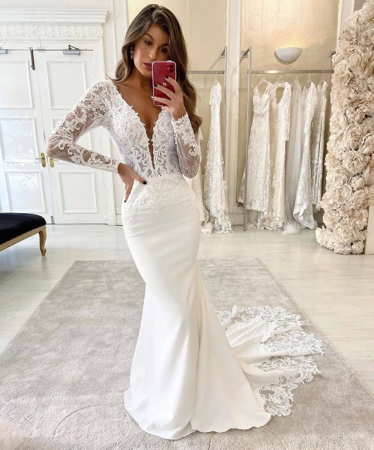 Simply Style Deep V Neck Long Sleeve Lace Fitted Mermaid Wedding ...