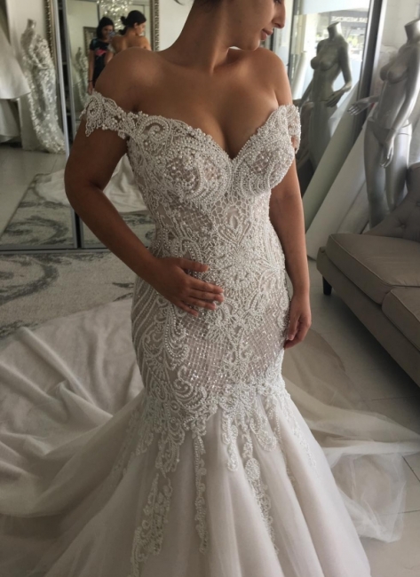 Gorgeous Pearls Mermaid Wedding Dresses 