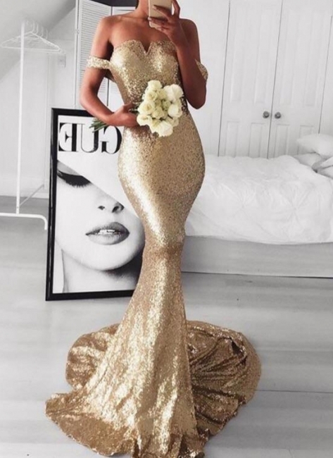 Gold Off-The-Should Mermaid Prom Dresses | Sexy Sequins Evening Dresses