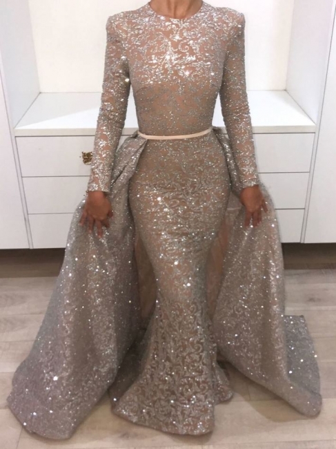 Brilliant Long Sleeves Sequins Evening Dresses | Mermaid Overskirt Popular Prom Dresses