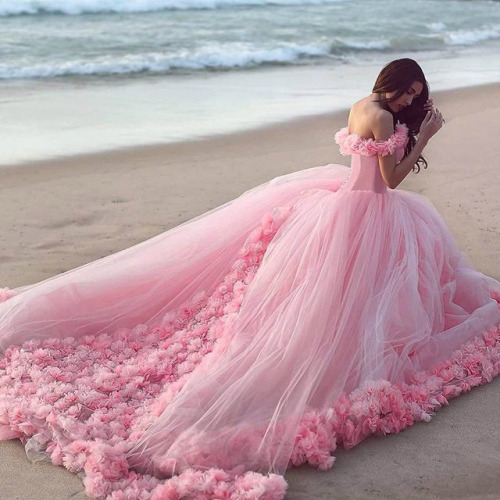 Pink Cloud Wedding Dresses Off the Shoulder Flowers Fairy Ball