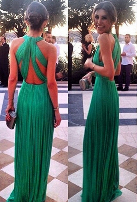 Green Chiffon Prom Dresses Ruched Sexy Back Long Evening Gowns