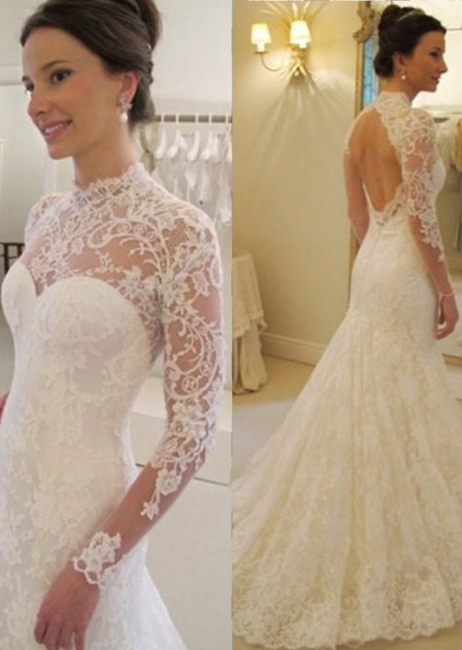 Backless Long Sleeves Elegant Lace Sweep Train Mermaid Wedding Dress