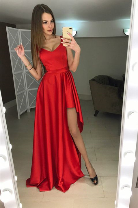 Scoop Modern Red Sleeveless A-line Hi-Lo Prom Dress