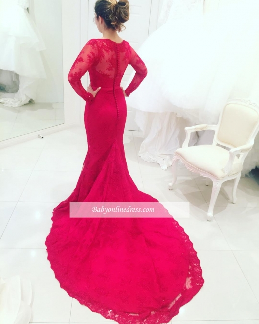 Long-Sleeves Mermaid Appliques Lace Long-Train Red High-Neck Evening Dresses