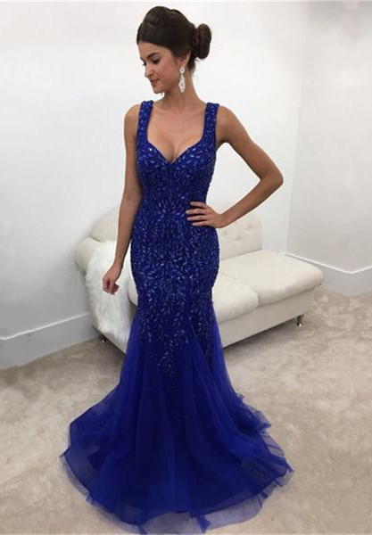 Elegant Straps Mermaid Prom Gowns Sleeveless Long Crystals Royal-Blue Evening Dress