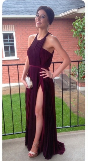 Burgundy Chiffon Prom Dresses Halter Neck Thigh-High Split Sexy maxi Dress