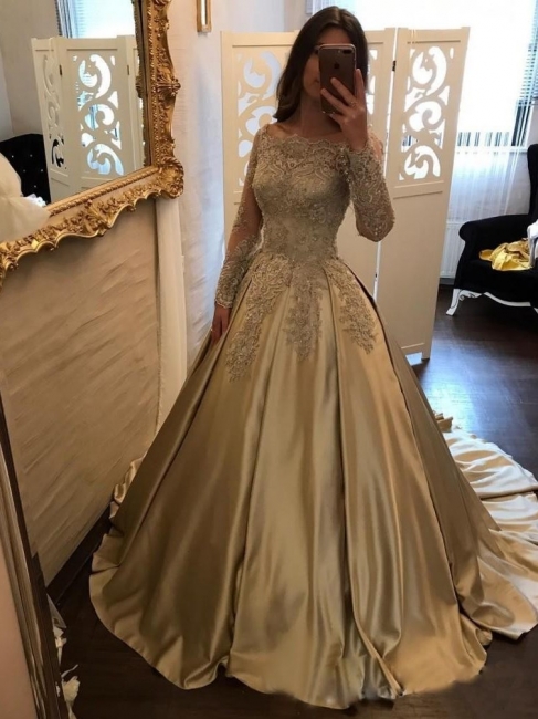 A-Line Evening Dresses Bateau Neck Long Sleeves Lace Appliques Prom Dresses