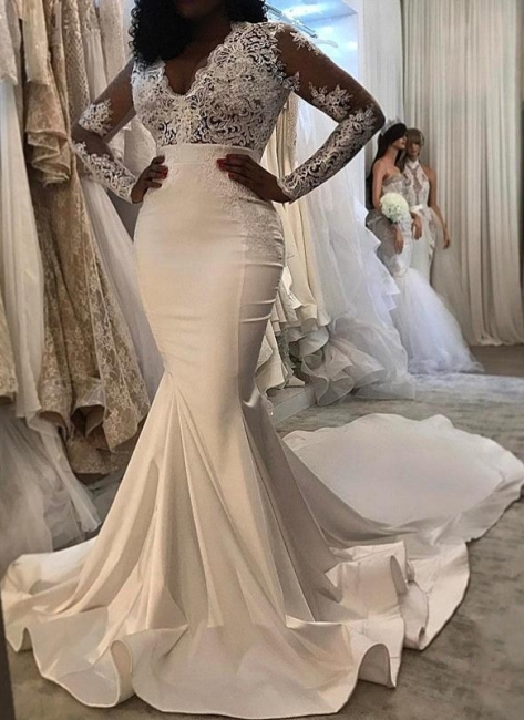 Elegant Long Sleeves Wedding Dresses | V-Neck Lace Mermaid Bridal Gowns